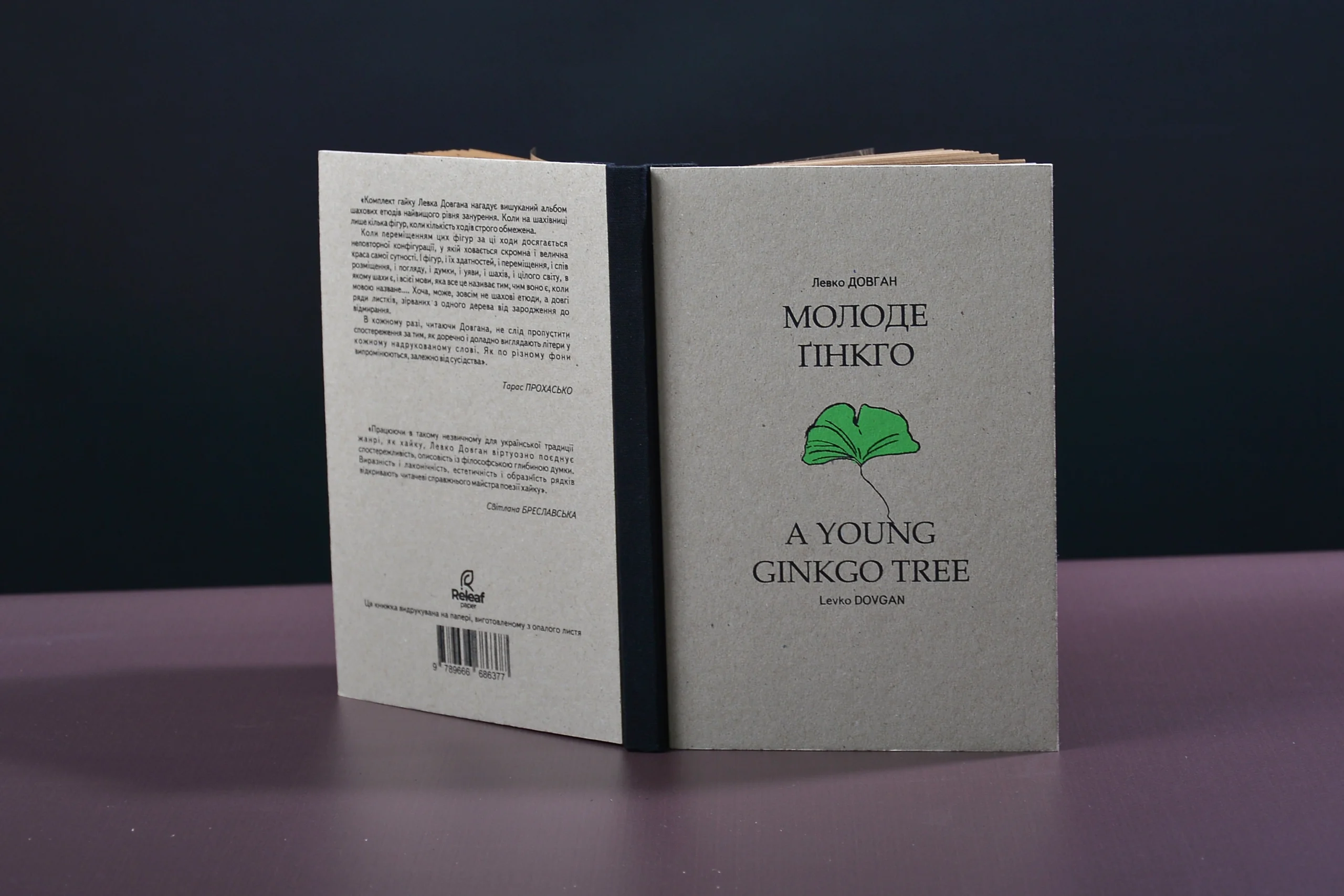 Передня та задня обкладинки книжки з листяного картону із зеленою ілюстрацією дерева