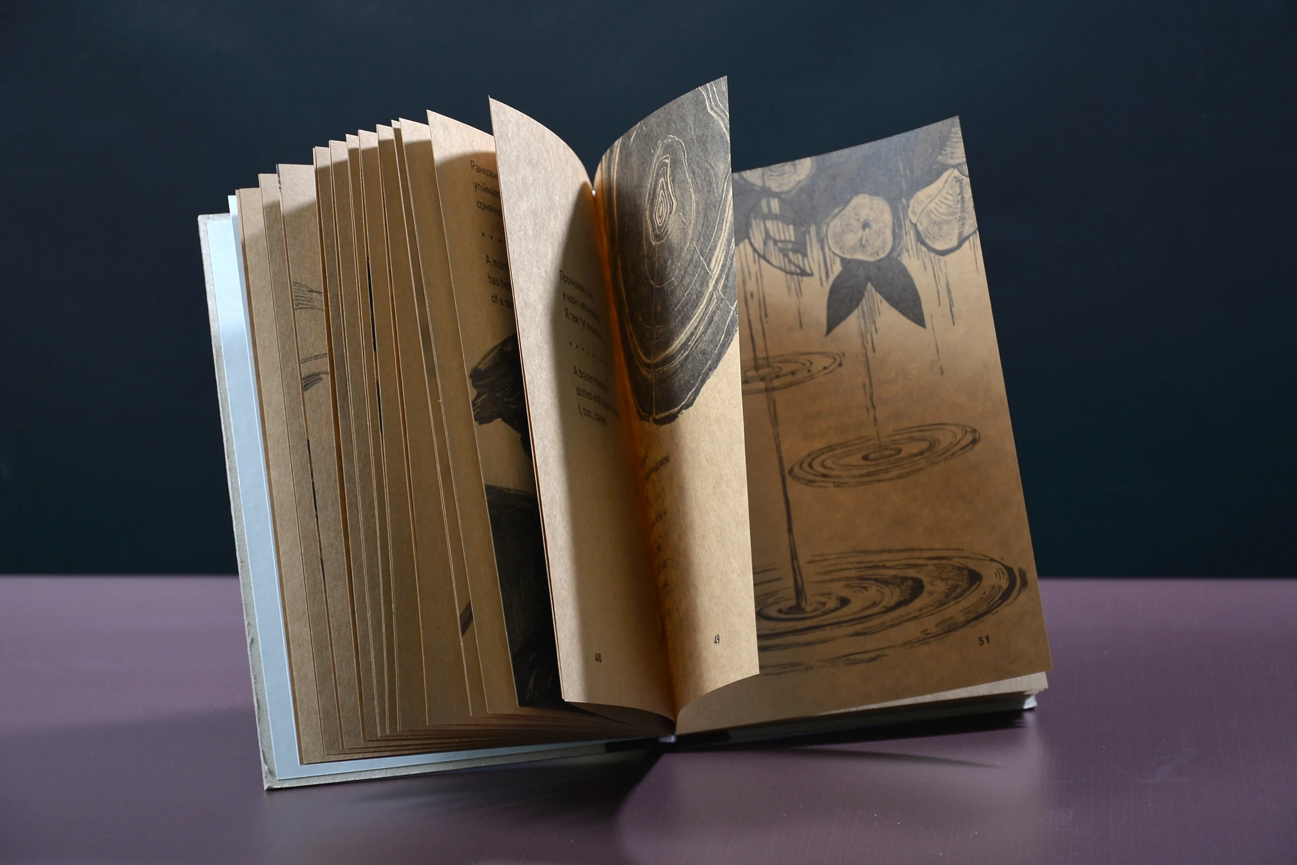 Розгорнута книжка з листяного картону з ілюстраціями на коричневих сторінках