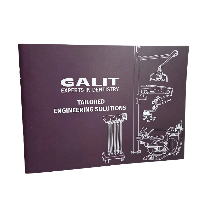Каталог Galit із бордовою обкладинкою та контурними зображеннями стоматологічного обладнання