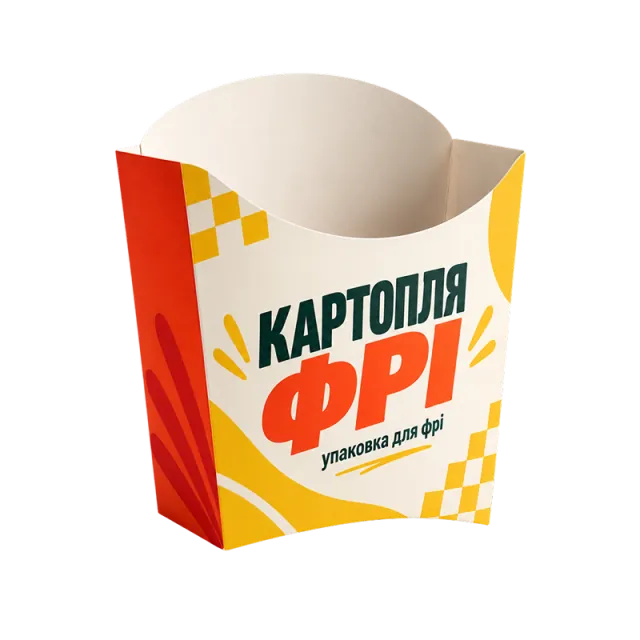 Упаковка для картоплі фрі з червоно-жовтим оформленням і написом